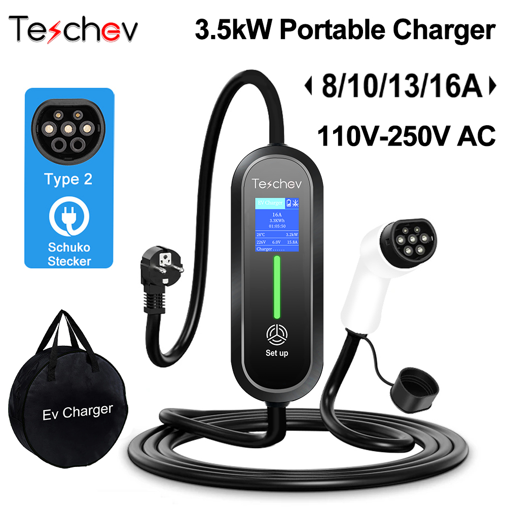 Teschev 220V 230V 16A cargador EV portátil tipo 2 Cable de carga IEC62196-2 Cable de caja de pared enchufe Schuko para coche eléctrico