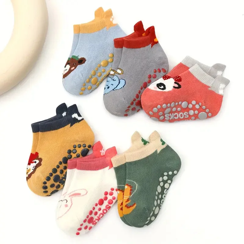 6 pares de calcetines de algodón para niños con bonitos dibujos de animales, cómodos y transpirables calcetines antideslizantes para el suelo para bebés