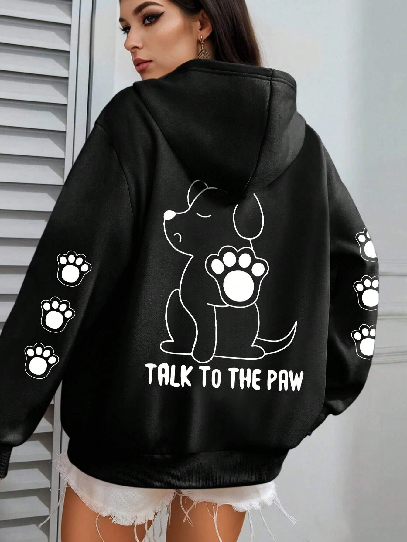 Talk To The Paw-Sudadera con capucha con estampado de dibujos animados de perro divertido para mujer, Sudadera con capucha de lana cálida, Tops informales holgados con cuello redondo para otoño