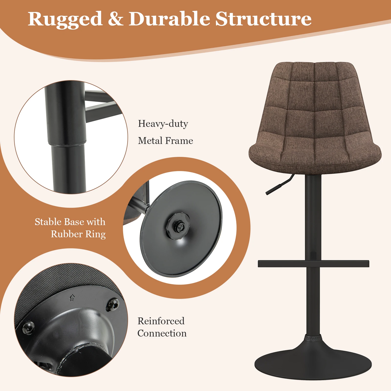 GOFLAME Height Adjustable Bar Stools Set of 2 360°Swivel Upholstered Bar Chairs