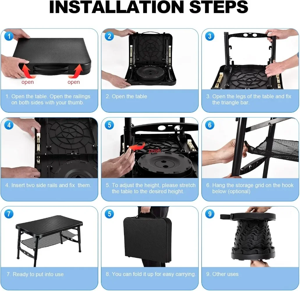 Retractable Folding Table and Stool Set, Portable Camping Foldable Table Lightweight Yet More Sturdy with Adjustable Stool