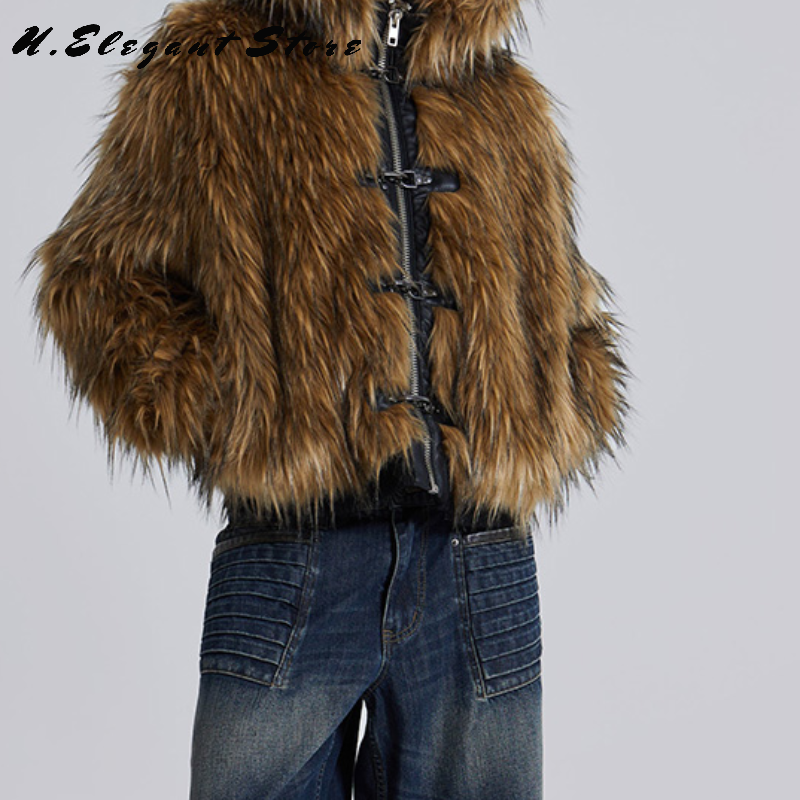 Vintage punk casaco de pele do falso para mulheres zíper manga longa jaqueta grossa 2024 inverno com capuz marrom casaco quente nova senhora y2k outerwears