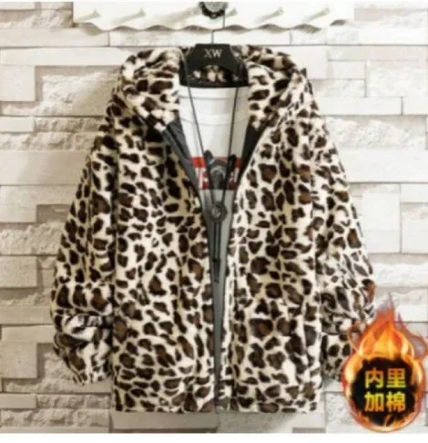 2024 Herren-Jacke mit Leopardenmuster, hübsche Kapuzenjacke aus Nerzimitat, mit Fleece gefüttert, warm