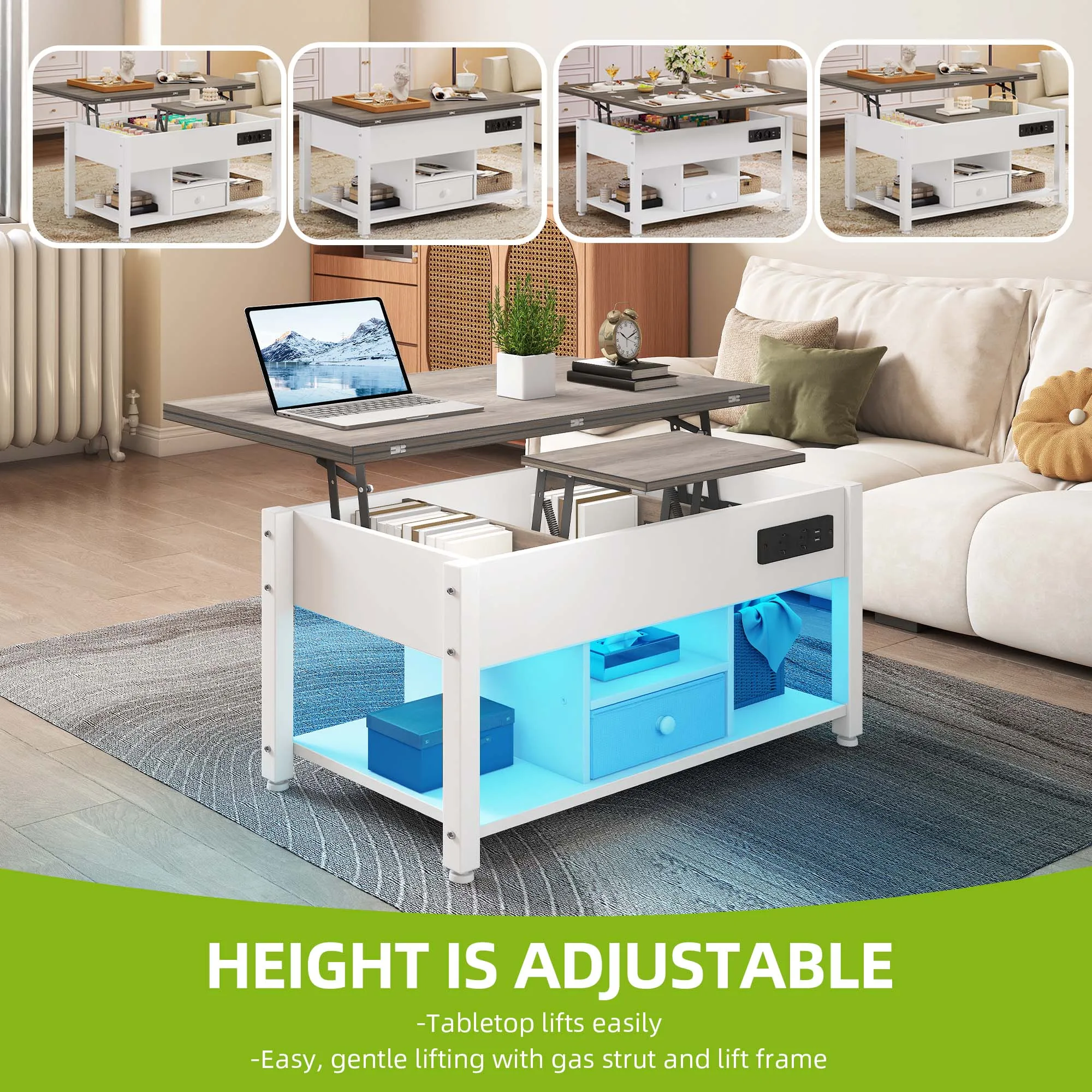 YITAHOME Table basse 4 en 1 blanche et grise – Hauteur réglable, convertit en table à manger avec rangement et éclairage LED
