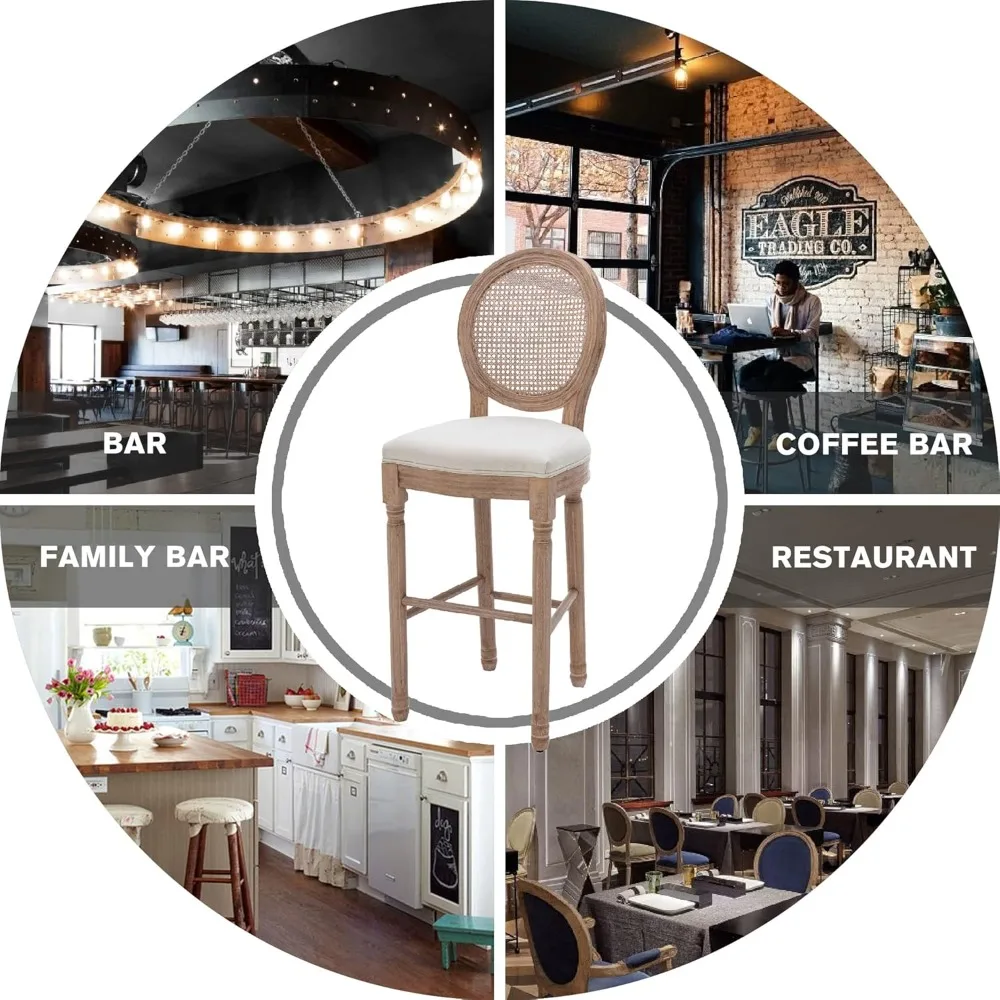 French Country Bar Stool Set of 4, Rattan Counter Height Chairs with Solid Wood Frame and Upholstered Seating, 26 Inch Bar