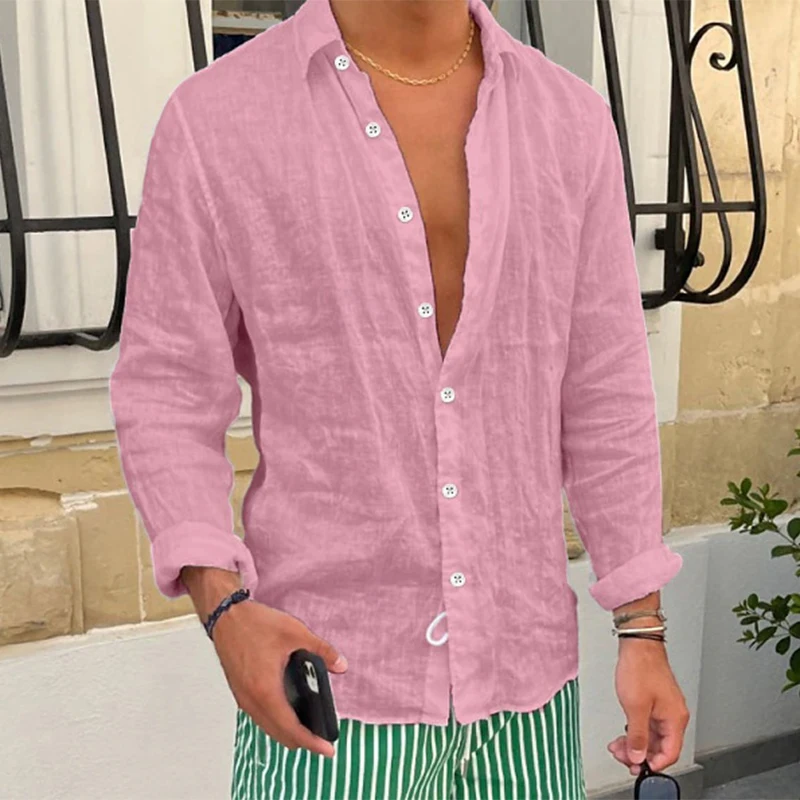 Spring New Casual Linen Shirts Mens Long Sleeve Button-up Turn-down Collar Shirt Seaside Beach Vintage Men Solid Color Cardigans