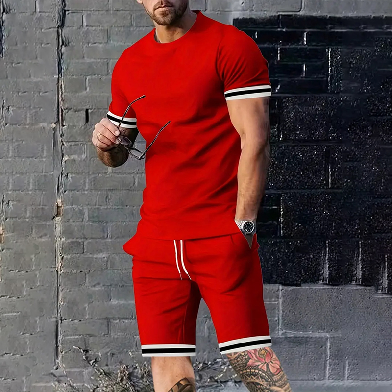 Conjunto de movimentos para cavalheiros, moda verão, boca de líder, listrada, roupa casual, respirável e absorvente, solto, agasalho masculino