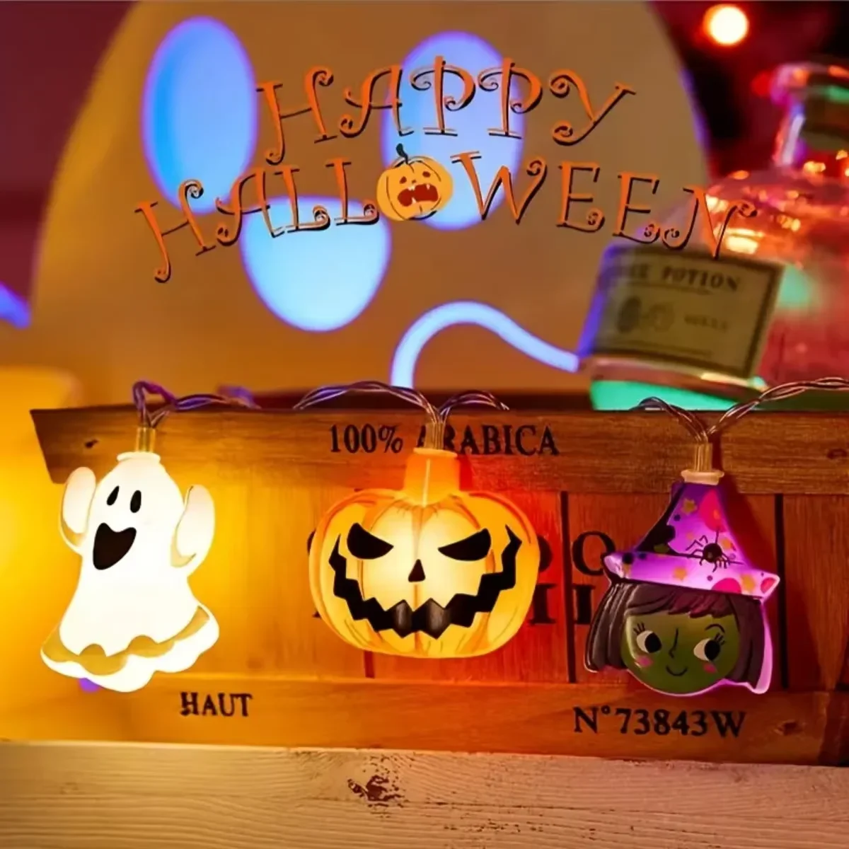 Halloween Ghost LED String Lights Operated Copper Wire Haunted House Decor Waterproof for Indoor Outdoor Home Party