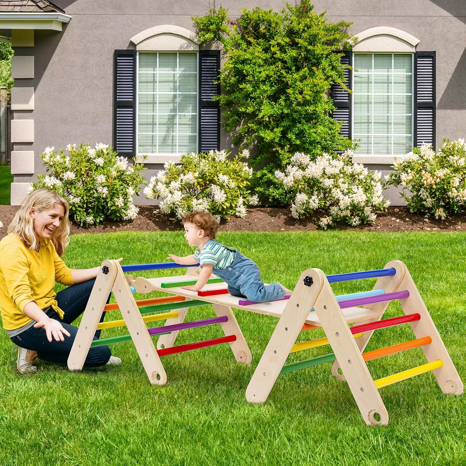 Gimnasio triangular 3 en 1, juguetes de escalera triangular de escalada plegables con rampa, juguetes de escalada en interiores para niños, gimnasio de juego, escalador, balancín