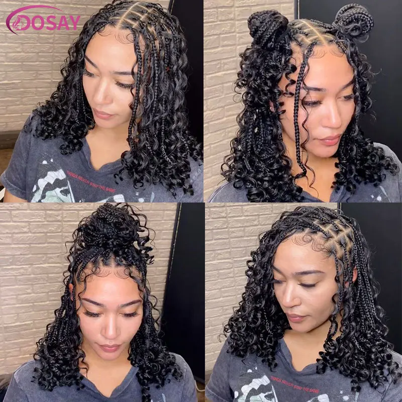 สั้น 12 นิ้ว Bohemian Curly Braided Full Lace ด้านหน้าวิกผม Knotless กล่อง Braid Bob วิกผมผู้หญิงสังเคราะห์ Locs เทพธิดา Cornrow Braids