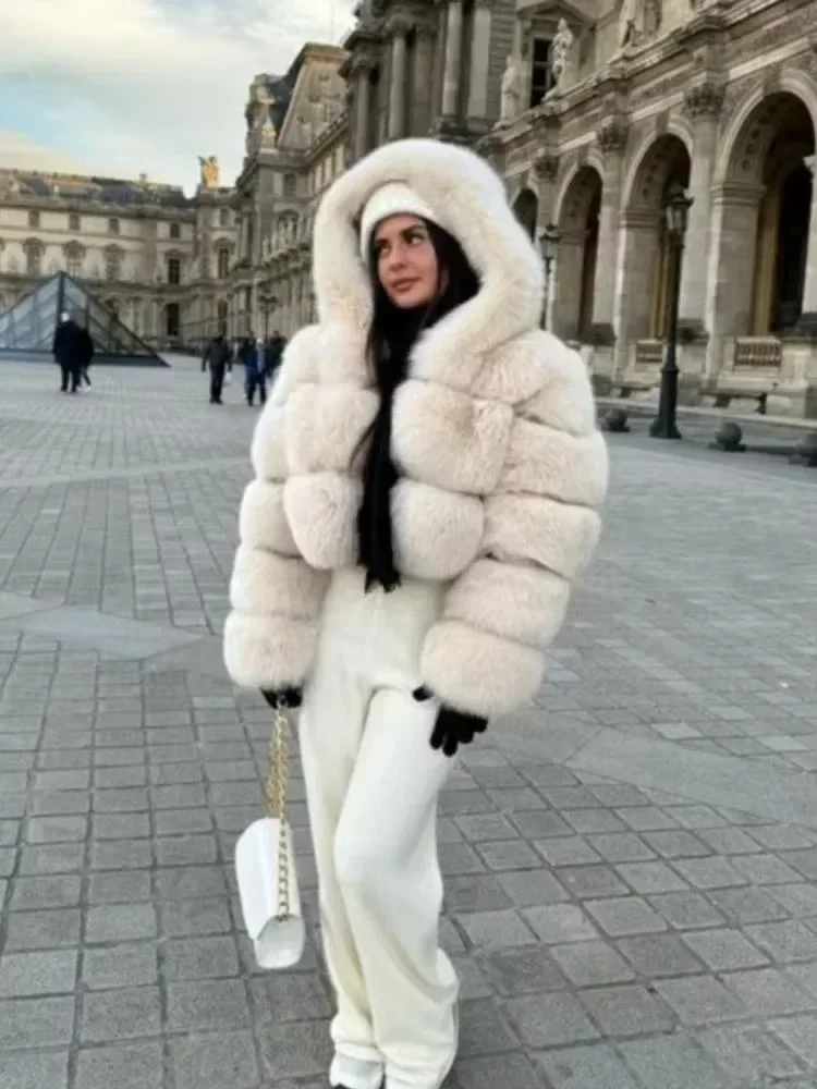 Abrigo grueso de piel sintética cálido a la moda para mujer, chaquetas cortas Vintage de manga larga con capucha para mujer, ropa de calle Chci para Otoño e Invierno