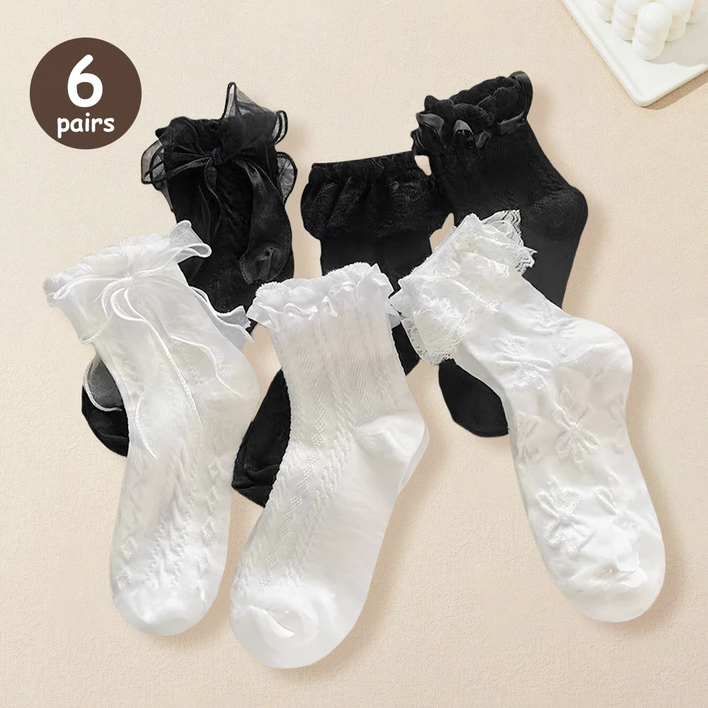 6 pares de calcetines de mujer sólido negro blanco Lolita encaje volantes calcetines verano fino estilo japonés Kawaii dulce niñas calcetines cortos