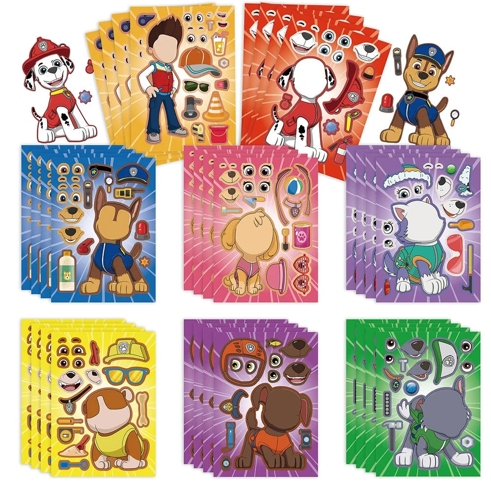 8/16 hojas de rompecabezas de la patrulla canina, pegatinas de Anime, Chase Make-a-Face, montar, calcomanía divertida de dibujos animados, rompecabezas, regalo para niños, juguete para niños