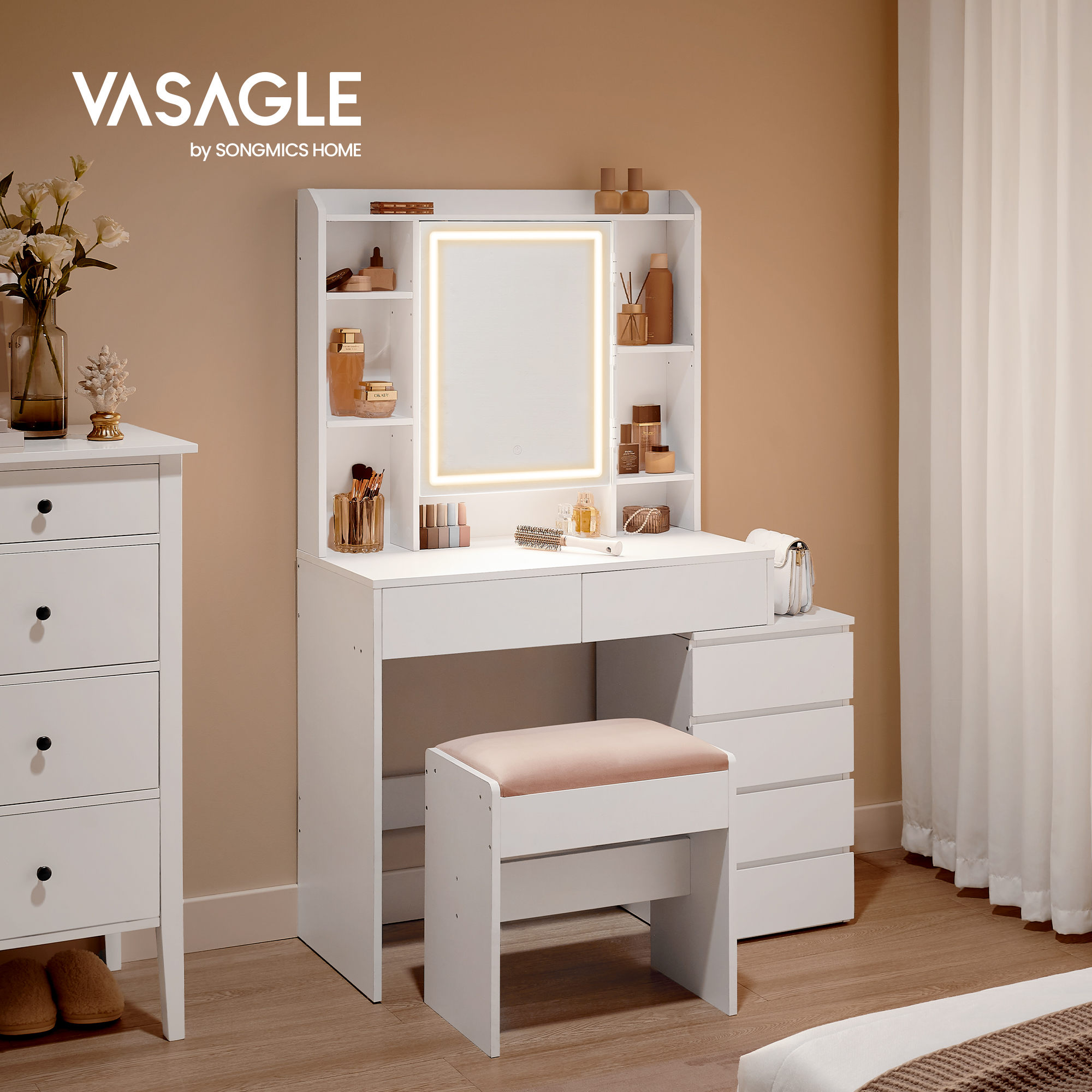 VASAGLE Coiffeuse avec LED, 3 Luminosités Réglables, Table de Maquillage avec Miroir, Tiroirs, Compartiments Ouverts, Tabouret, Étagères Réglables, Moderne