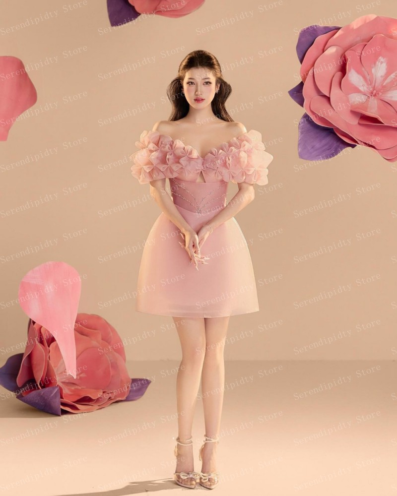 Vestido fora do ombro com arcos, Mini comprimento, cetim e chiffon, babados, costas abertas, vestidos de coquetel frisados, elegante, rosa claro, aniversário