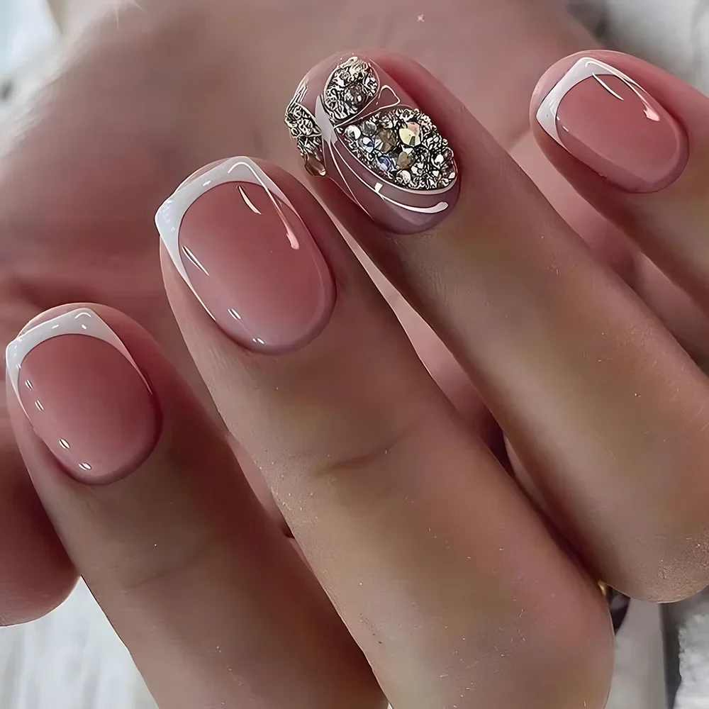 24 Uds. De uñas postizas blancas degradadas, uñas postizas simples de Ballet cuadradas cortas, prensa en uñas desnudas usables, puntas de manicura de cobertura completa