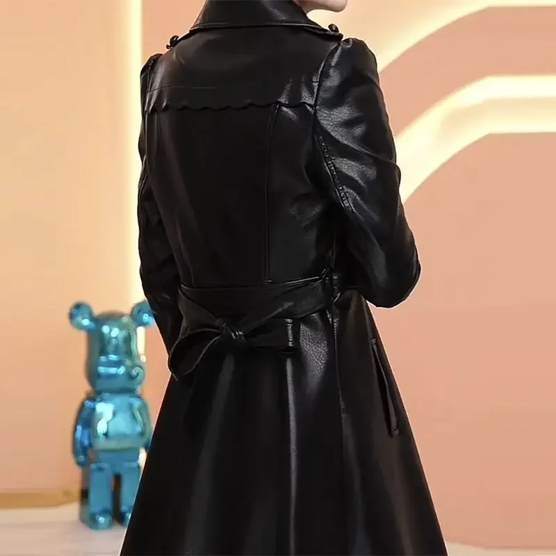 2023 frühling Herbst Neue Mode Minimal Pendeln PU Leder Mantel Frauen Mid-länge Temperament Kleine Taille Waschen Lose Mantel