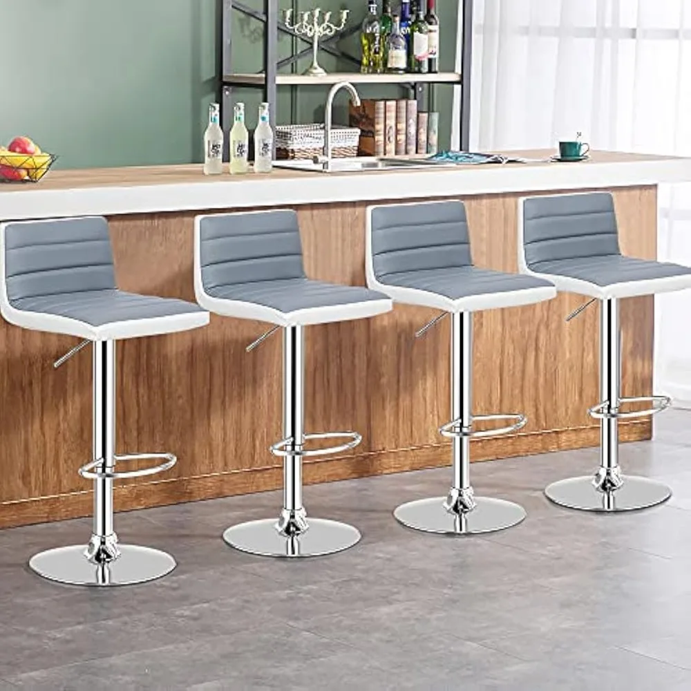 Set of 4 Adjustable Bar Stool, PU Leather Counter Height Square Stool with Low Backrest & Sturdy Chromed Round Base