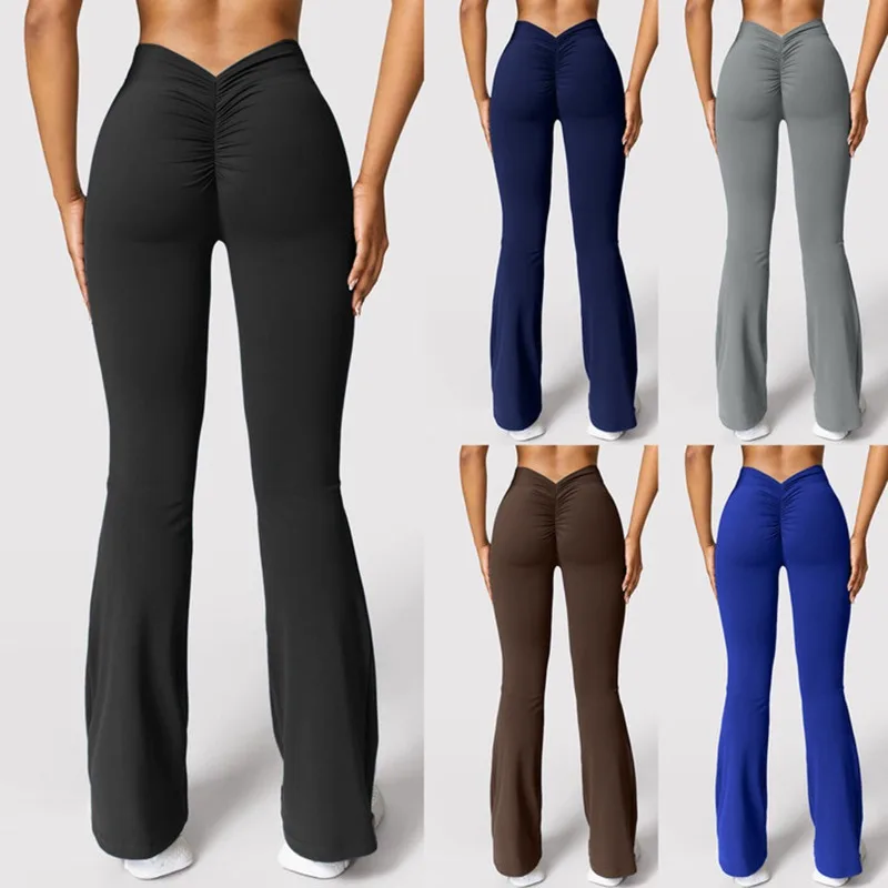 แฟชั่น Micro Horn กางเกงขายาวผู้หญิง V-back เอวกางเกงกีฬาเอวสูง Push Up Butt Gym กางเกง Slim Casual Leggings