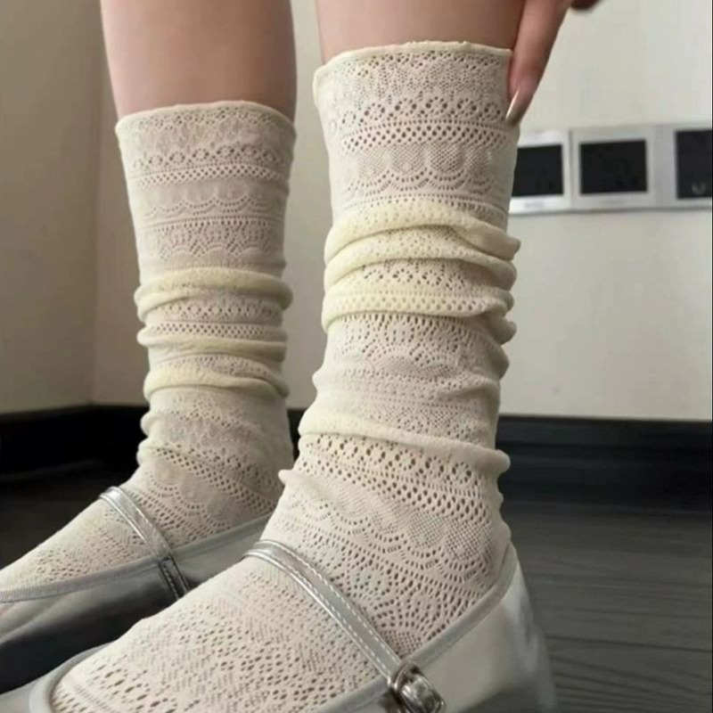 JK-Calcetines blancos dulces para mujer, medias de malla ahuecadas finas de nailon y seda con encaje de flores Retro, calcetines transparentes para mujer
