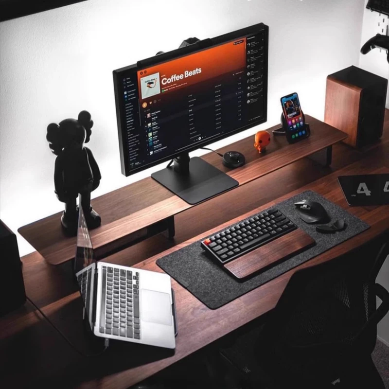 ไม้วอลนัทคอมพิวเตอร์ Riser พร้อมลิ้นชัก Desktop Storage Rack Double-Layer ขาตั้ง Modern Office Space Saving Organizer