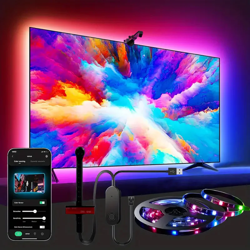 Tira de retroiluminación LED RGBIC para TV con Sensor de gama de Color AR, Control por aplicación, sincronización de pantalla inteligente de 55-75 pulgadas para luz de ambiente de sala de juegos