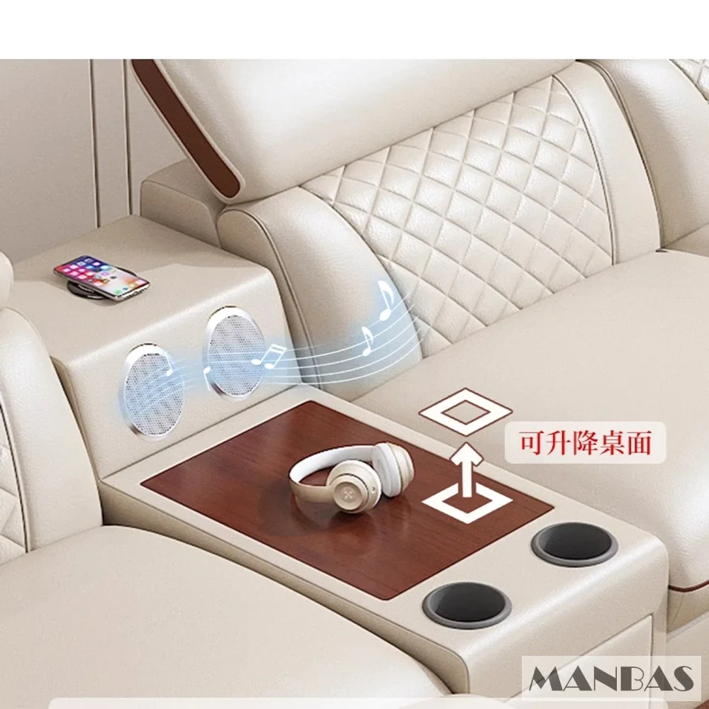 MINGDIBAO Juego de sofás italianos de cuero genuino premium para sala de estar con reposacabezas ajustables, altavoz Bluetooth, carga inalámbrica