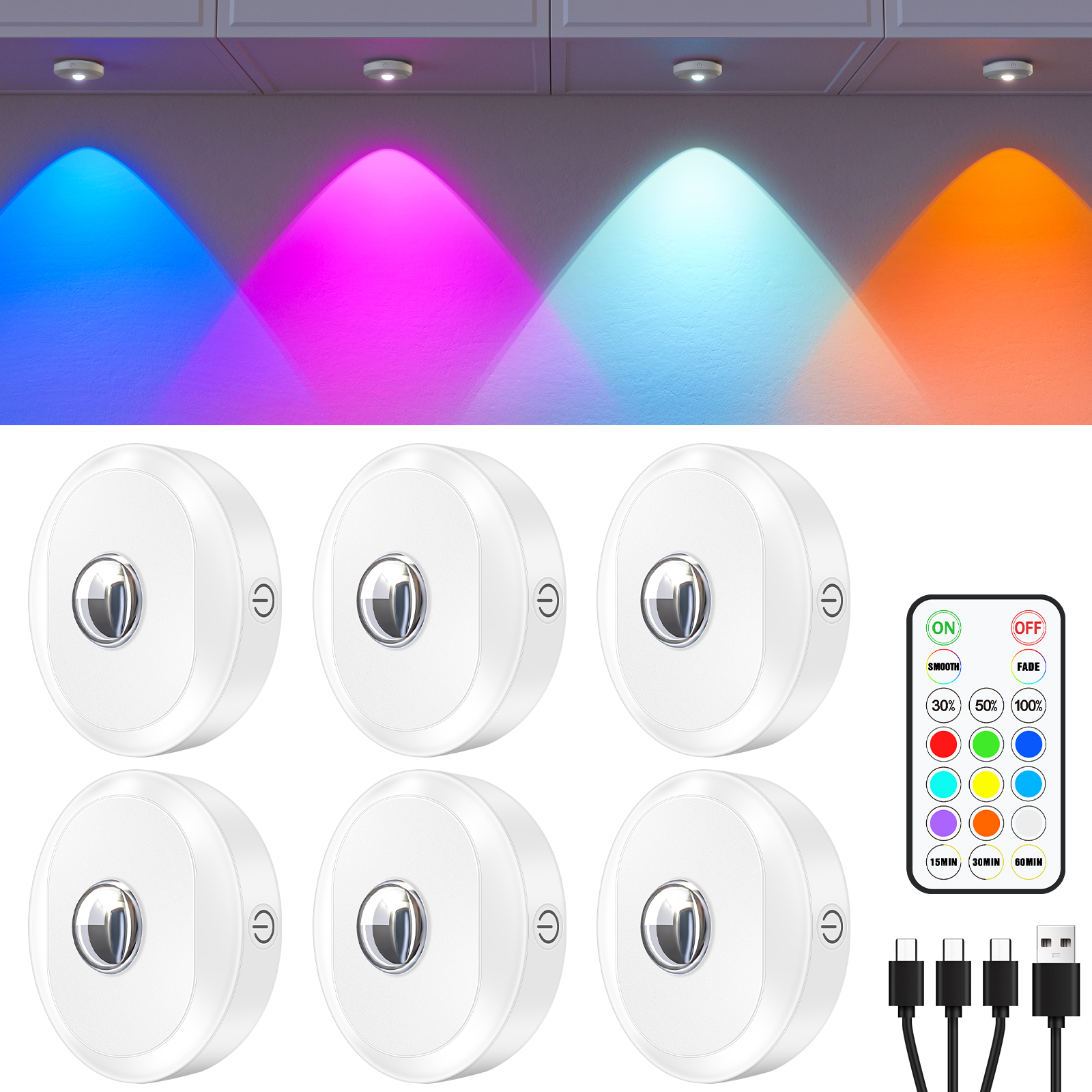 WILLED 6 szt. RGB akumulatorowe lampki nocne z pilotem Możliwość przyciemniania Funkcja pomiaru czasu Światła LED do półki szafki kuchennej