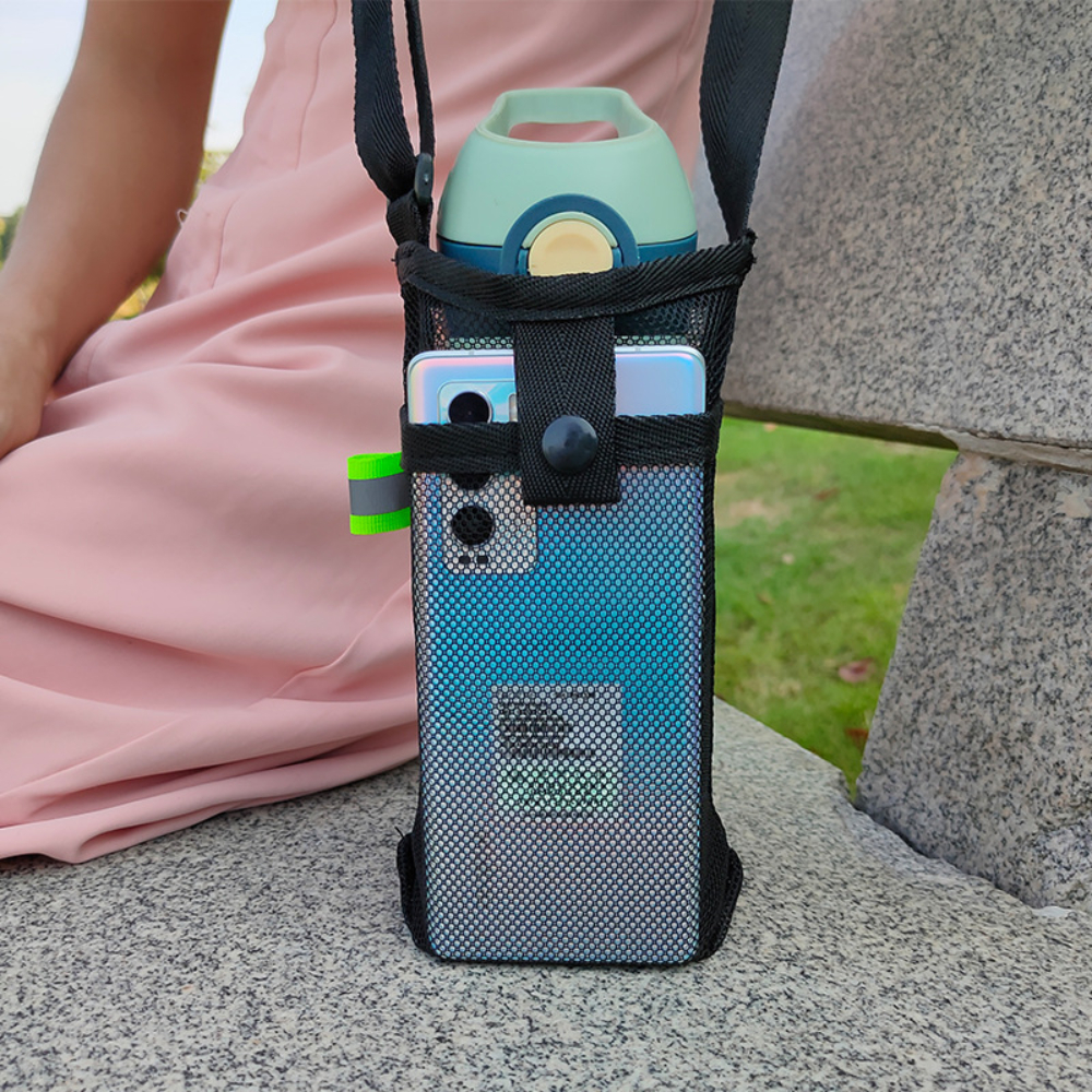 Bolsa de rede de armazenamento crossbody ao ar livre com capa de copo de água e capa protetora para esportes, viagens, acampamento