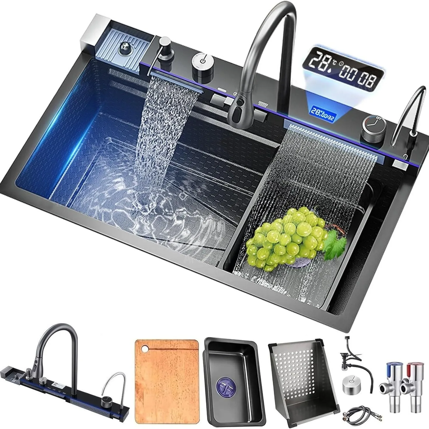 Pia de cozinha em aço inoxidável 304, cascata dupla, slot único, display digital integrado, conjunto de torneira, dispensador de sabão, lavador de copo