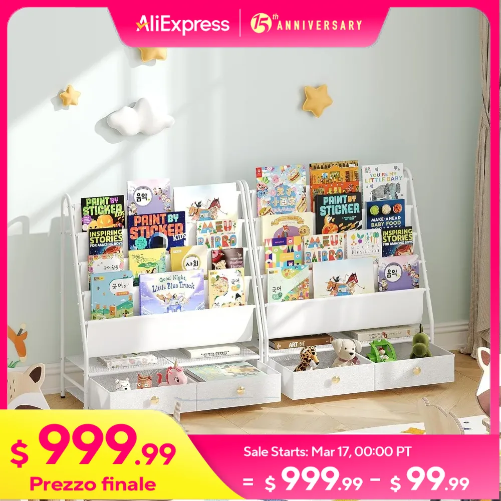 Kids Bookshelf, 4 Tier Bookcase, Kids Sling Book Rack with 2 Fabric Drawers, Storage Nursery Book Shelf for Children