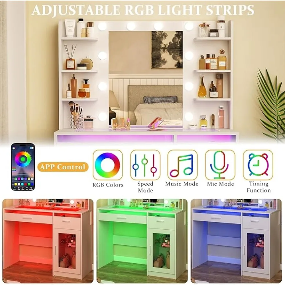 Vanity Desk with Mirror and Lights Makeup Vanity Desk with Lights 3 Colors Transparent Top Vanity with 2 RGB Drawers