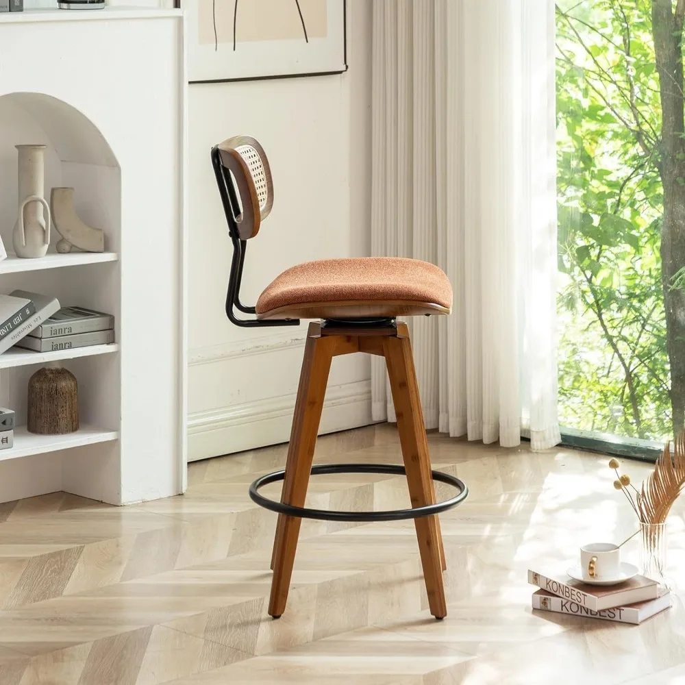 26" Rattan Bar Stools Set of 2 Linen Fabric Counter Height Swivel Barstools with Rattan Backrest and Wooden Legs,Armless Mid Cen