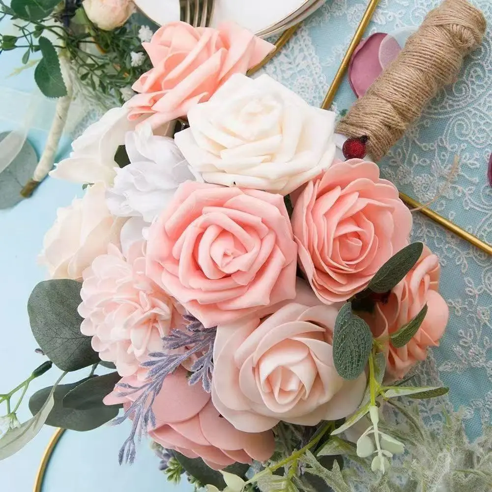 25Pcs 인공 장미 꽃 거품 가짜 가짜 꽃 장미 DIY 웨딩 부케 파티 홈 장식 정원 장식
