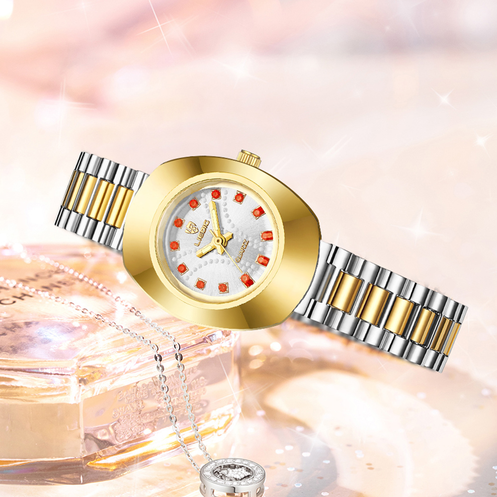 นาฬิกาควอตซ์ Jam Tangan pasangan ทองสำหรับผู้ชาย, นาฬิกาควอทซ์ผู้หญิงนาฬิกาข้อมือหรูหรากันน้ำ