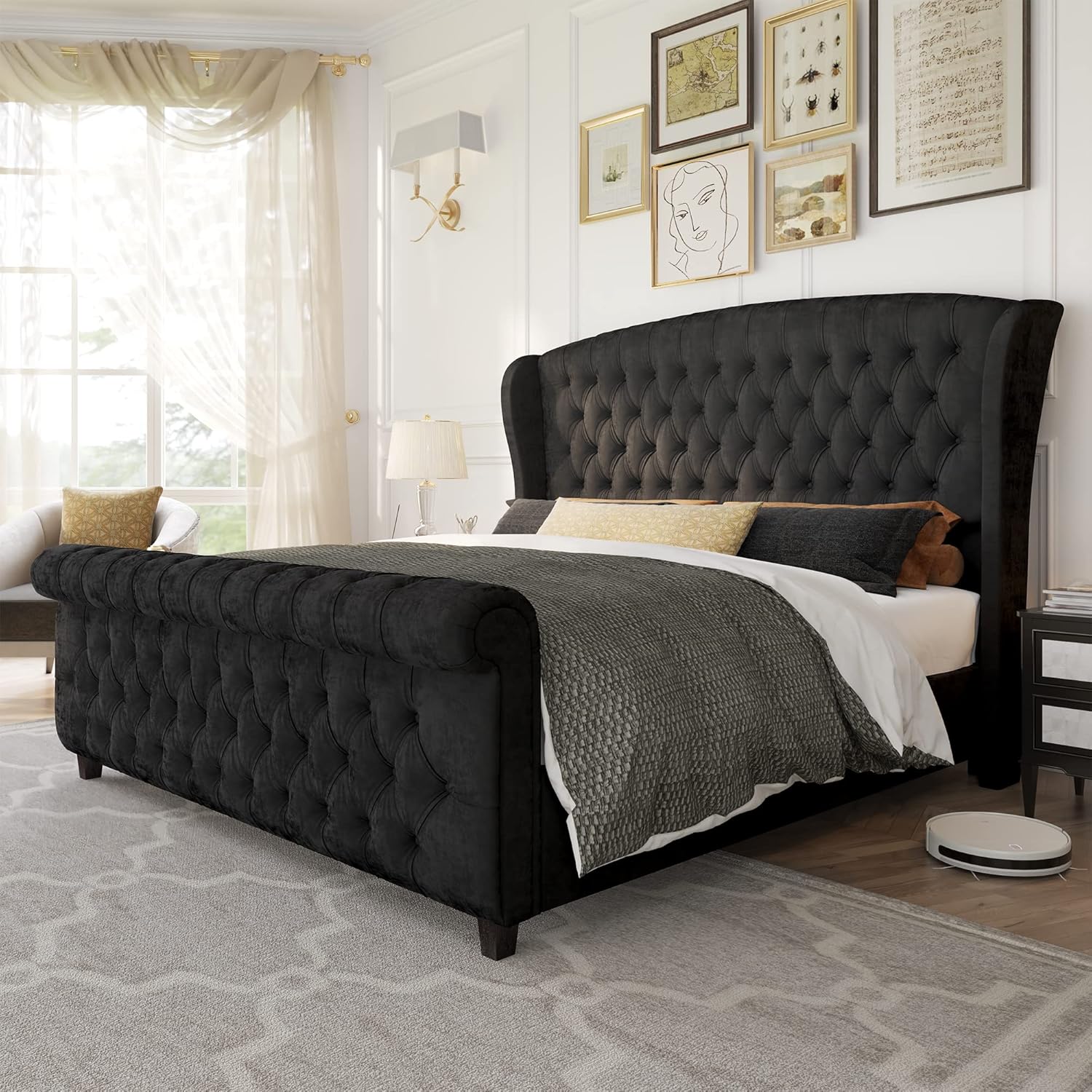 Queen Size Platform Bed Frame, Velvet Upholstered Sleigh Bed with Scroll Wingback Headboard Footboard/Button TuftedBlack