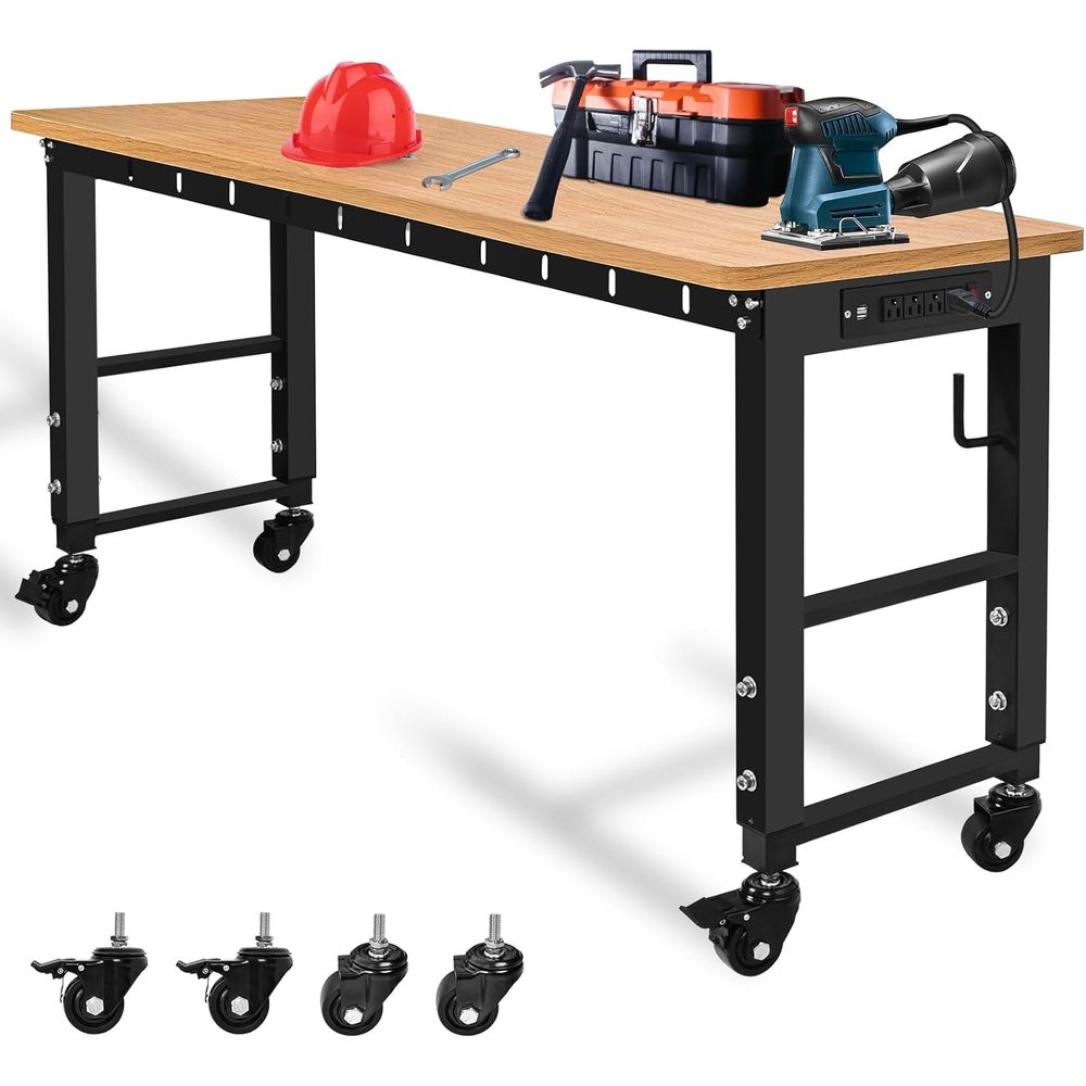 48" Adjustable Workbench with Power Outlet, Work Table with Wheels 1500 LBS Rubber Wood Workstation or Garage, Workshop, Oice, H