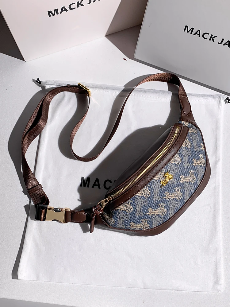 MackJanice 高級レザーキャリッジプリントクロスボディバッグ女性のための秋冬新スタイルチェストバッグダイヤモンド埋め込みスクエアバッグ