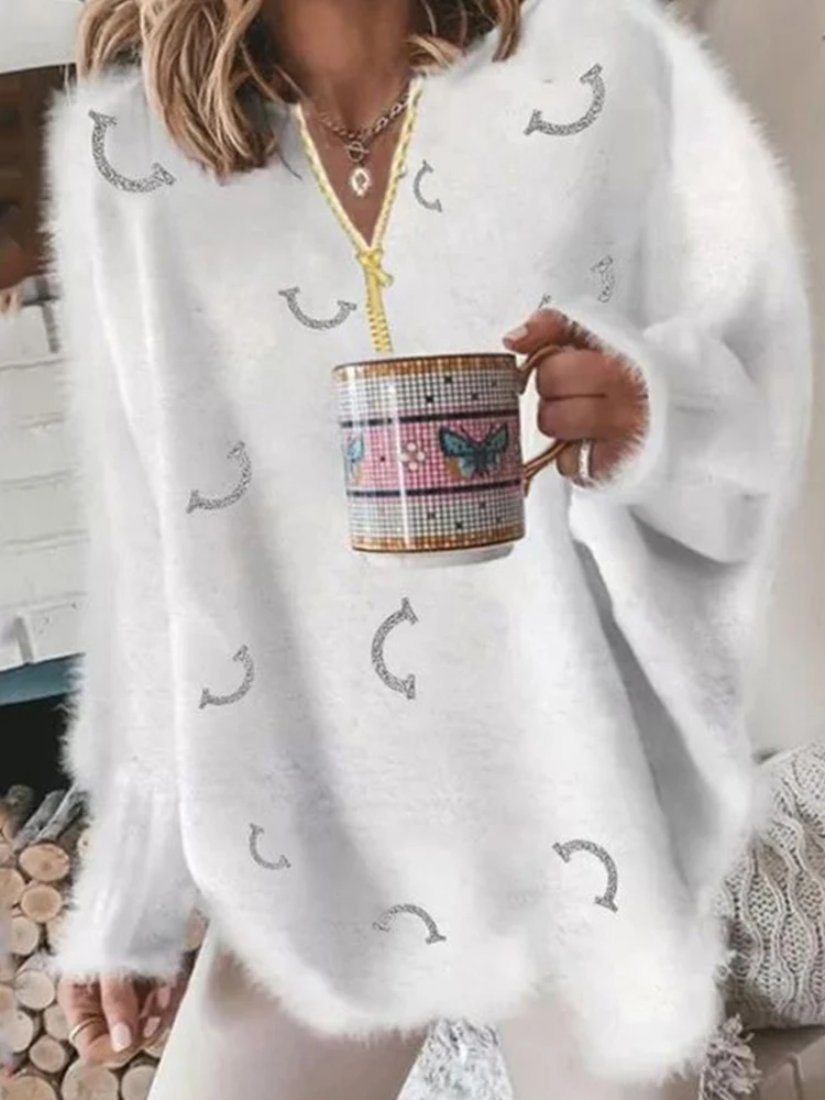 Damen-Pullover mit V-Ausschnitt und langen Ärmeln, lässig, lockere Passform, sexy Reißverschluss, warm gestrickt, bedruckt, 2024, Modetrend für Damen
