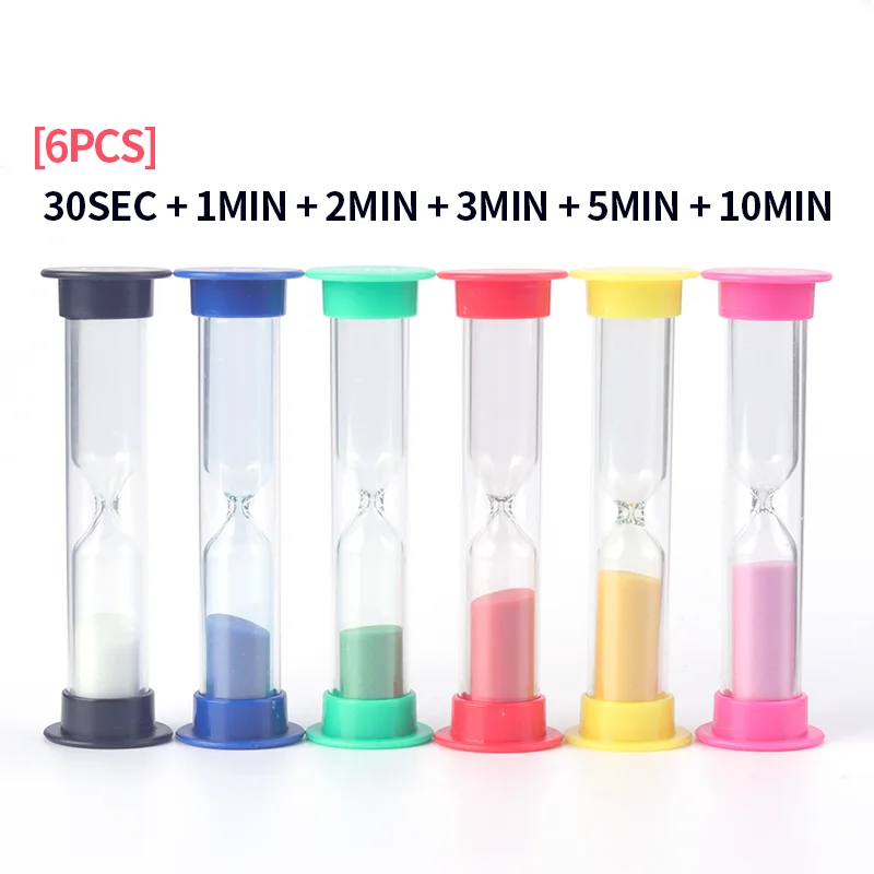 6pcs 크리 에이 티브 모래 시계 타이머 다채로운 모래 타이머 플라스틱 30s/1/2/3/5/10mins 모래 시계 타이머 주방 어린이 방 작은 모래 시계