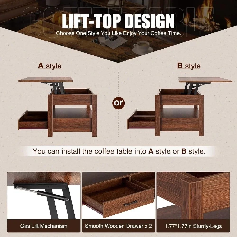 Mesa de centro elevable con cajones y compartimento oculto, mesa central retro con mesa elevadora de madera