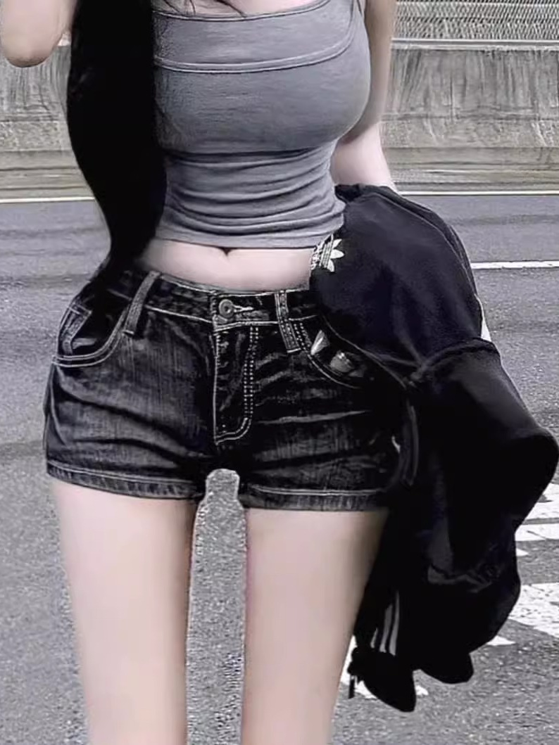 Retro Waed Denim orts Women's High Waist Slim Fit Hot Pants Front ort Ba Long Versatile Body a Straight Leg Jeans