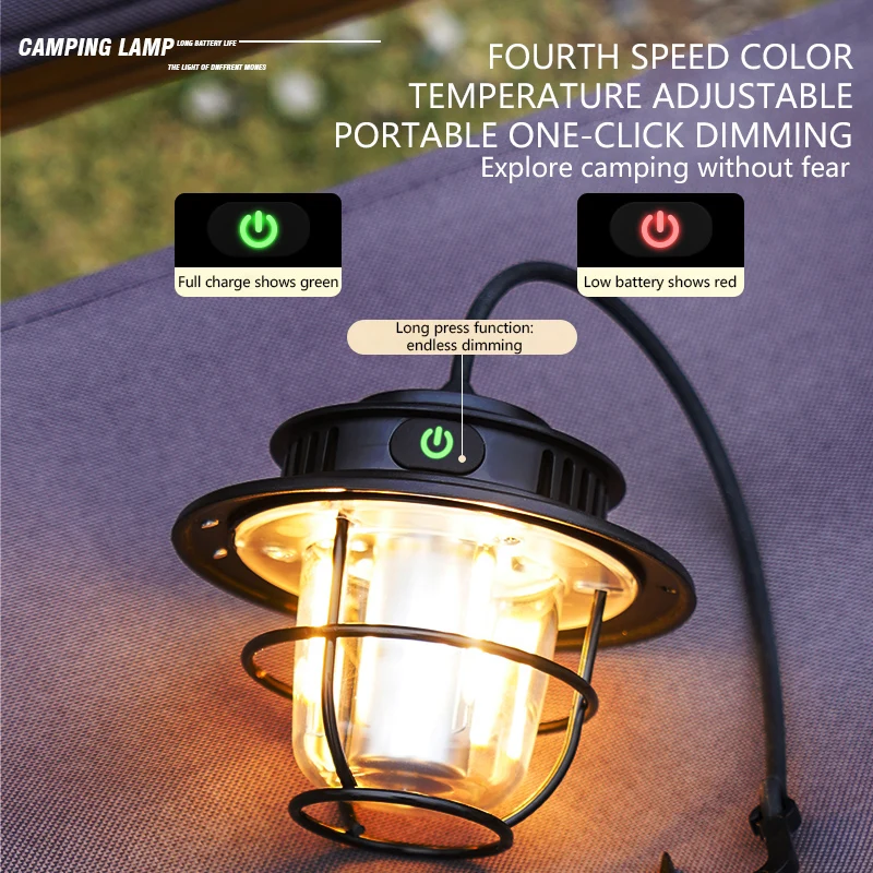 Linterna de Camping portátil Retro, luz de emergencia impermeable, lámpara de ambiente para tienda colgante regulable sin Tepless para senderismo al aire libre
