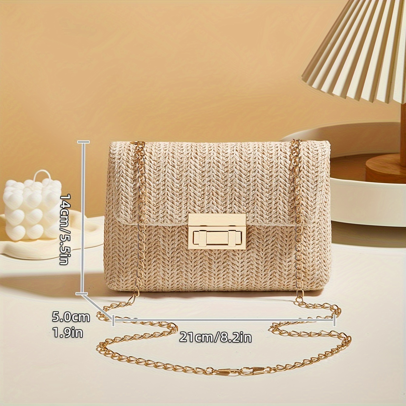 Bolsa de ombro feminina tecida à mão de palha, bolsa crossbody de cor sólida da moda com fecho de bloqueio