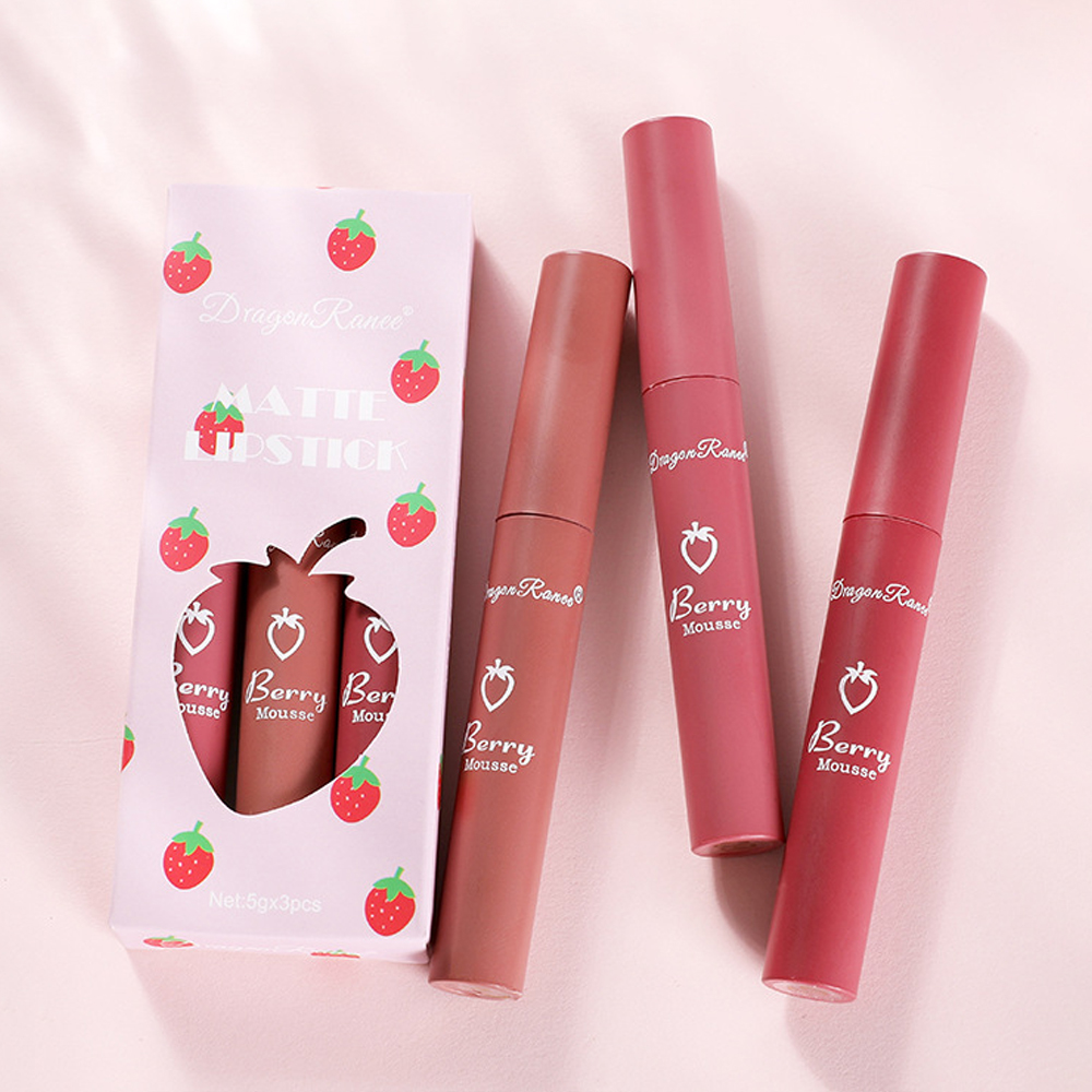 3-teiliges Erdbeer-Lippenglasur-Set, samtig, matt, flüssiger Lippenstift, Lippenstift, antihaftbeschichtet