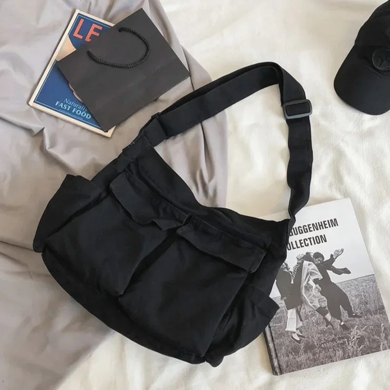 Bolsa mensageiro escolar feminina, bolsa de ombro de designer sólida, grande capacidade, casual, de lona, bolsa de ombro feminina