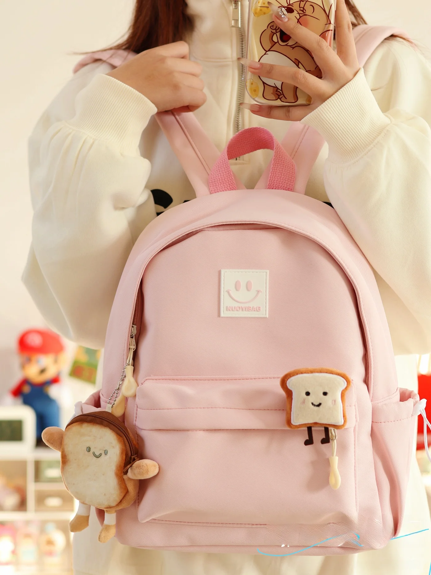 小さなフレッシュスタイルのナイロンバックパック中学生と高校生のためのシンプルな多用途ダブルショルダーバッグ電話ポケット付き