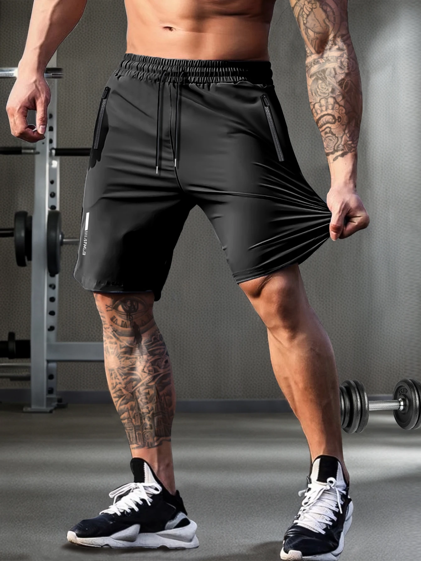 Shorts masculinos de cor sólida, com bolsos com zíper, shorts casuais com cordão elástico na cintura solta e alta elasticidade, adequados
