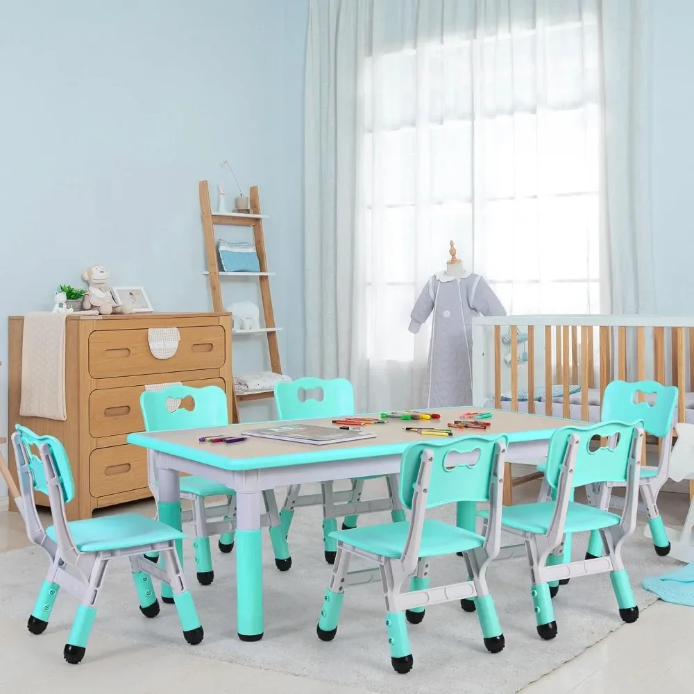 Kids Table and 6 Chairs Set, Height Adjustable Graffiti Table, Preschool Activity Art Craft Table, for Daycare Classroom