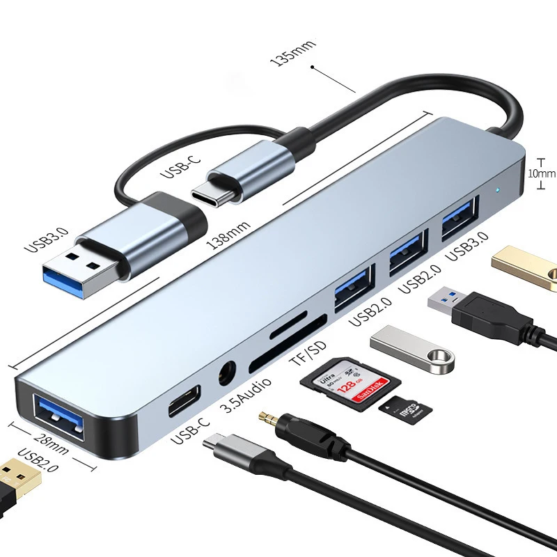 Estación de acoplamiento 8 en 2 USB + tipo C HUB con adaptador de conector de Audio de 3,5mm lector de tarjetas Micro SD portátil tableta teléfono convertidor de disco